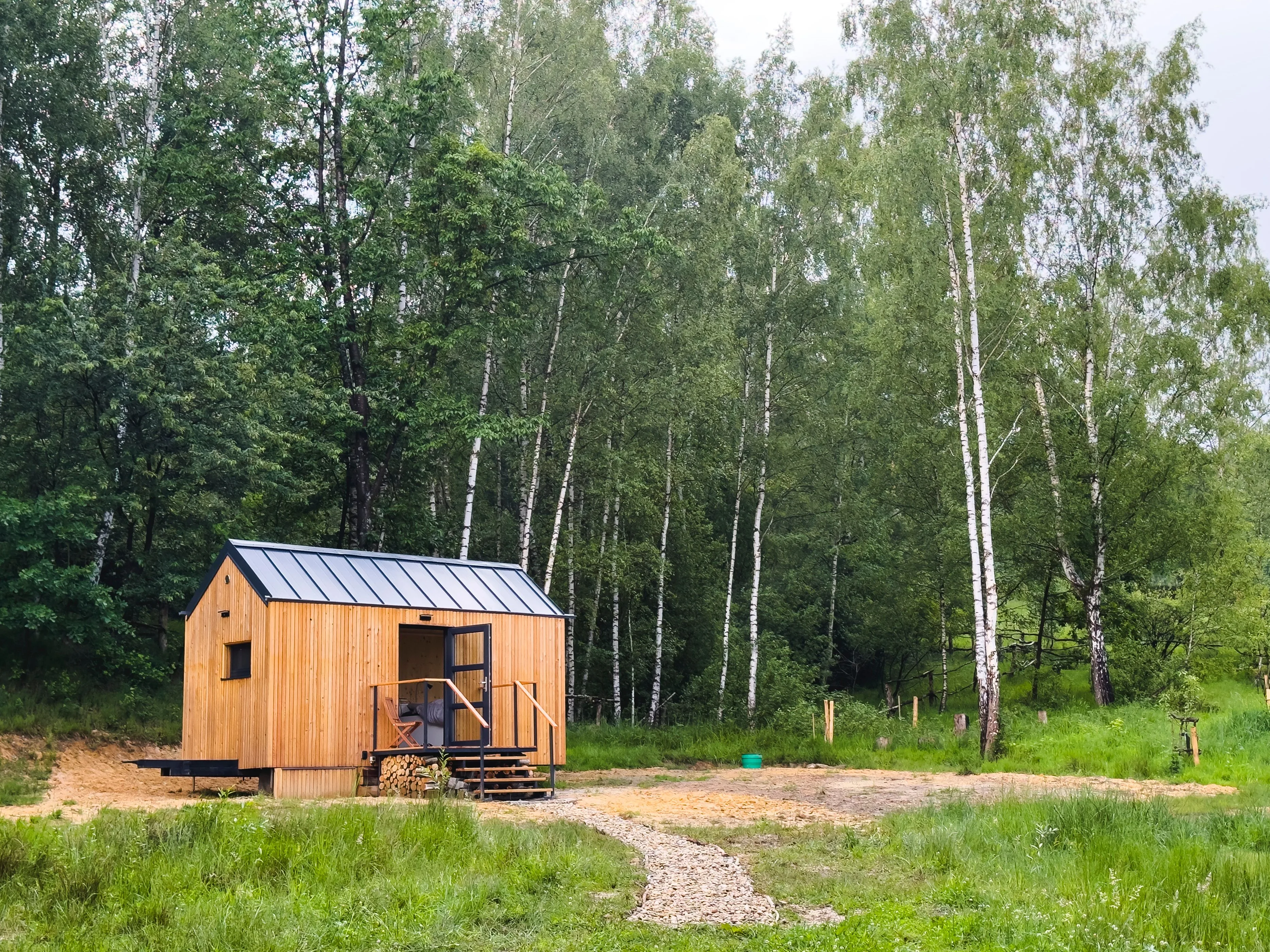Glamping Lužické hory v březovém lese.