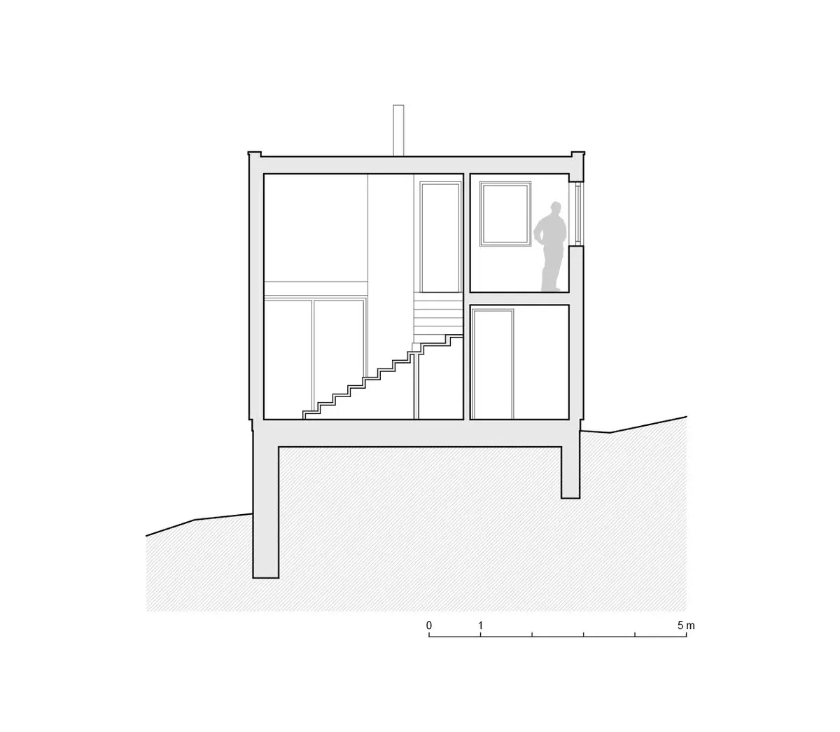 Architektonický řez Chatou HRA se schodištěm a postavou pro měřítko.