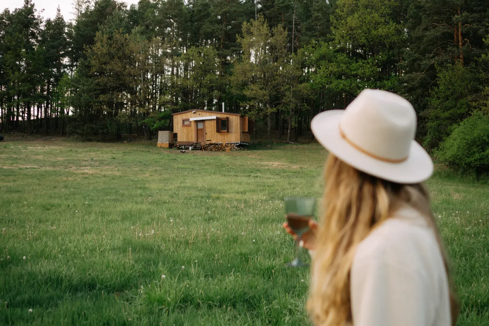 The wagon seen across the meadow at dusk with a glass of wine.