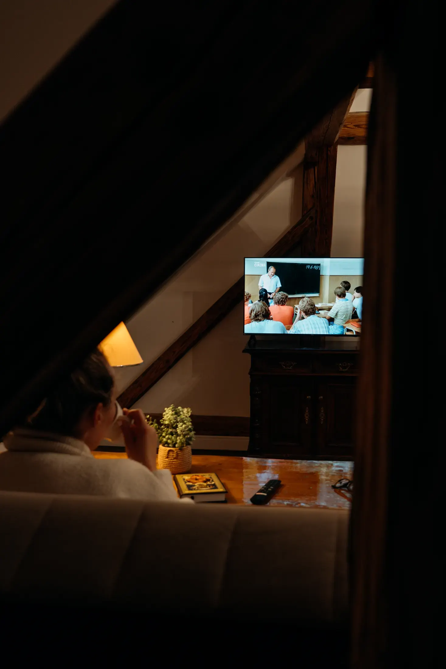 Ložnice s lůžkem a televizí v podkroví.